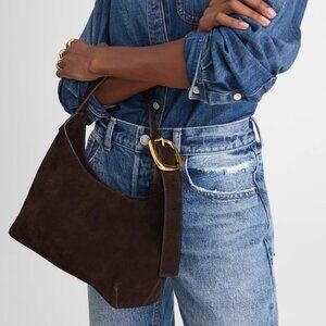 Madewell Dark Brown Suede Shoulder Bag with Gold Buckle